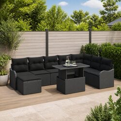 9-Piece Black Poly Rattan Outdoor Garden Sofa Set