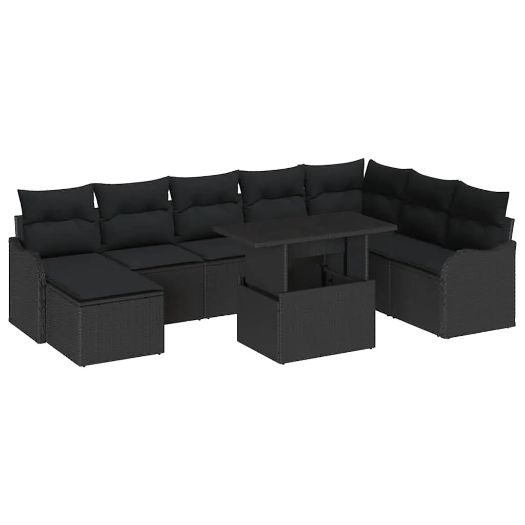 9-Piece Black Poly Rattan Outdoor Garden Sofa Set