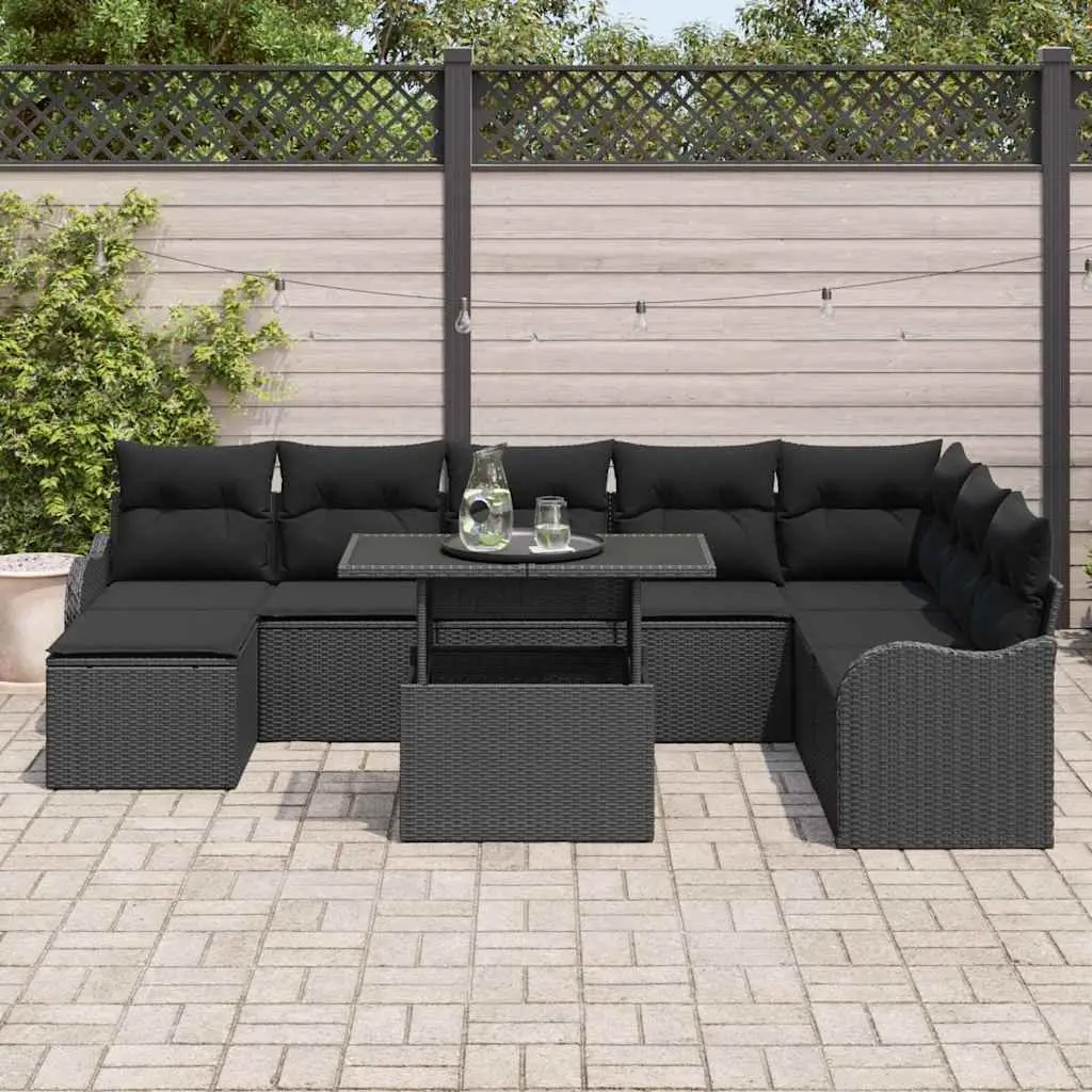 9-Piece Black Poly Rattan Outdoor Garden Sofa Set
