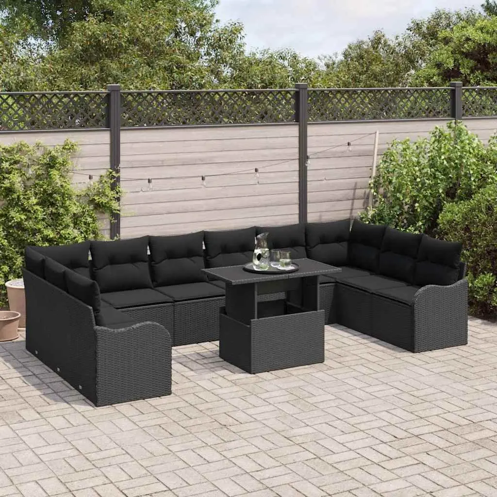Outdoor Garden Sofa Set Modular Black Poly Rattan with Cushions 11 Pieces
