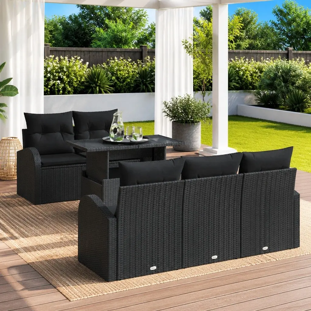 6-Piece Black Poly Rattan Garden Sofa Set
