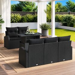 Modular Garden Sofa Set 6 Pieces Black Poly Rattan Outdoor Seating with Cushions