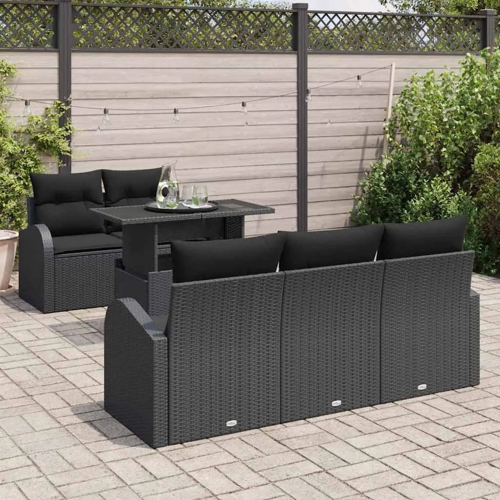 6-Piece Black Poly Rattan Garden Sofa Set
