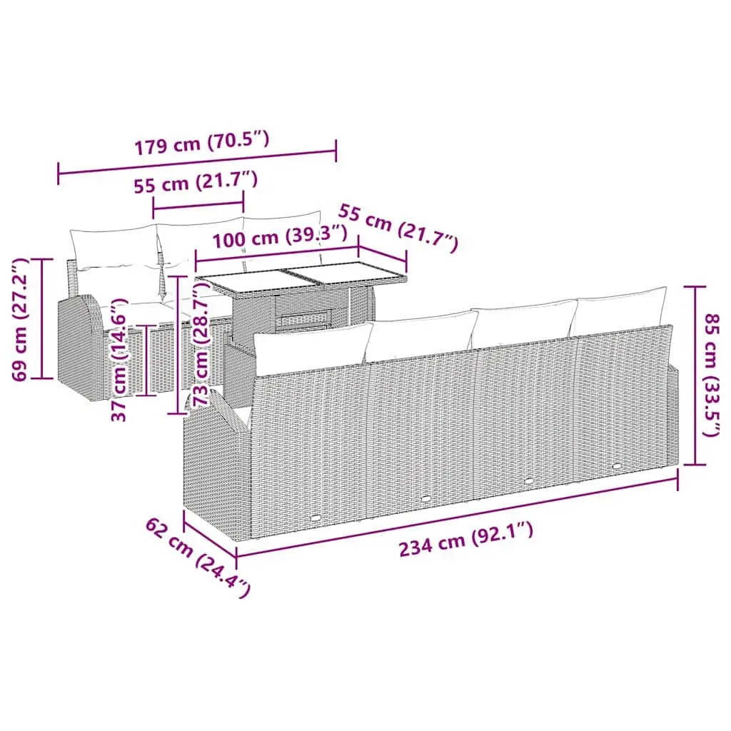 Modular 8-Piece Grey Poly Rattan Garden Sofa Set