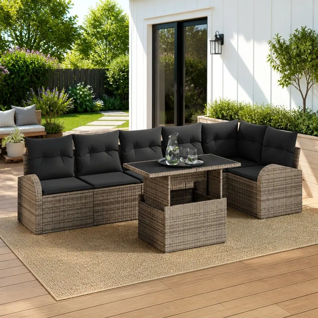 Modular Garden Sofa Set Poly Rattan 7 Piece Outdoor Seating Grey with Cushions