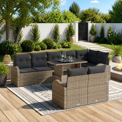 9-Piece Grey Poly Rattan Garden Sofa Set with Storage