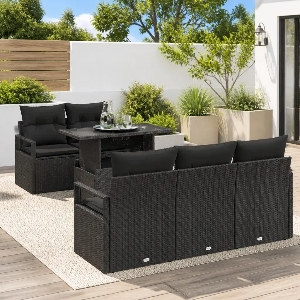 6-Piece Black Poly Rattan Modular Garden Sofa Set