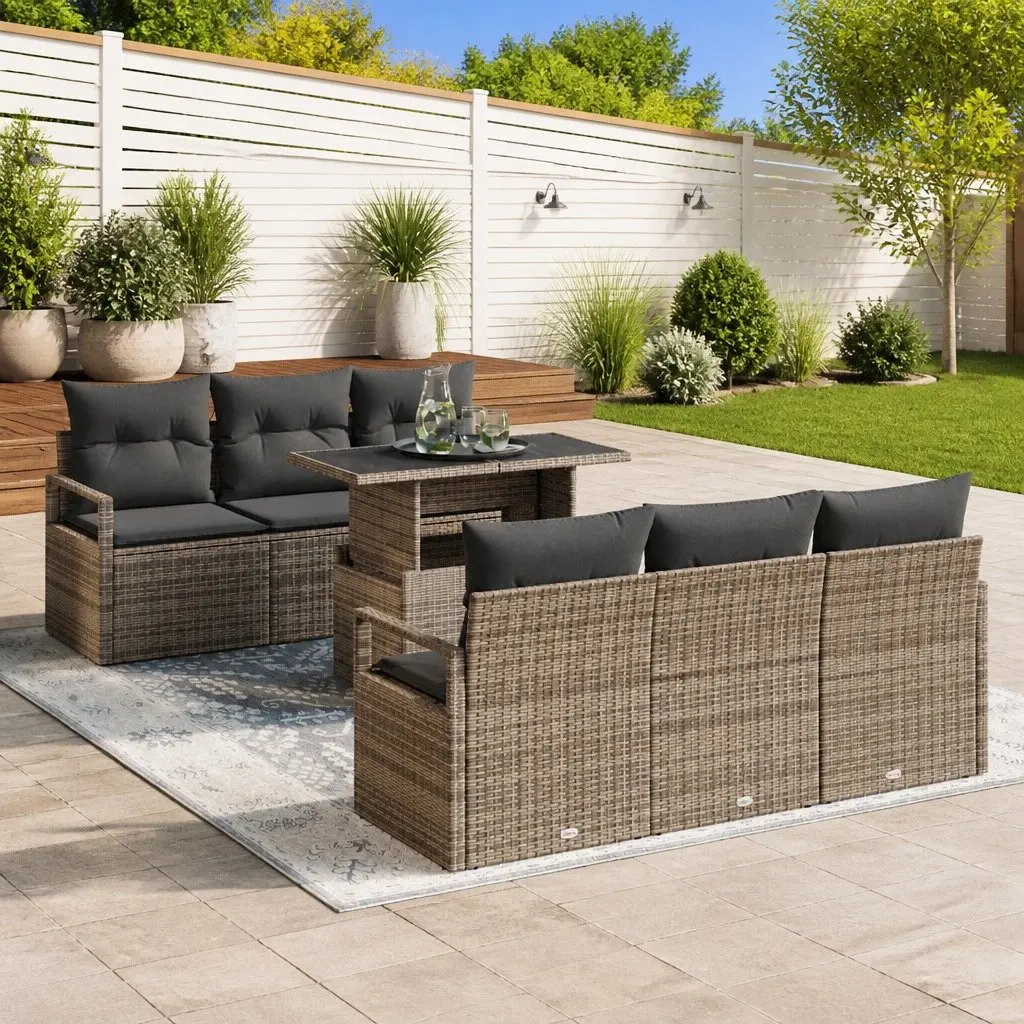 7-Piece Grey Poly Rattan Garden Sofa Set