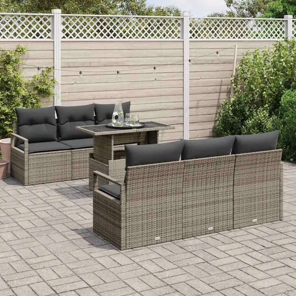 7-Piece Grey Poly Rattan Garden Sofa Set