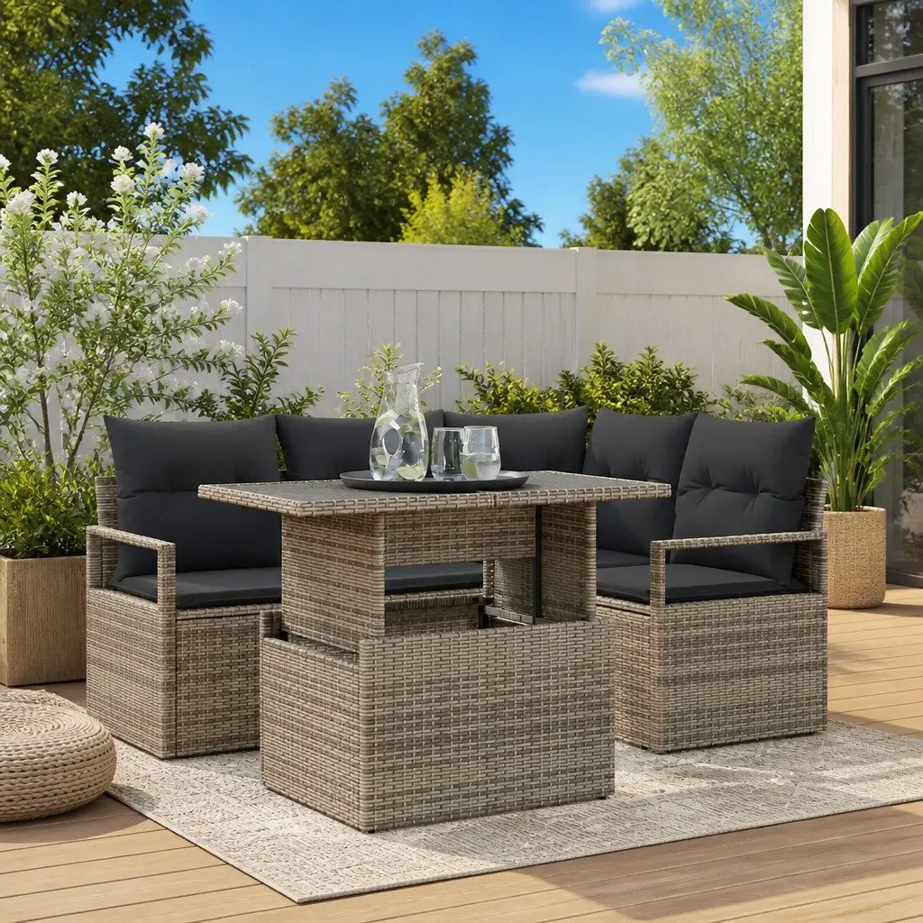 5-Piece Grey Poly Rattan Modular Garden Sofa Set