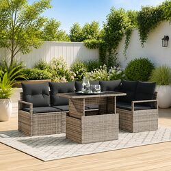 Garden Sofa Set 6 Pieces Modular Outdoor Seating Grey Poly Rattan with Glass