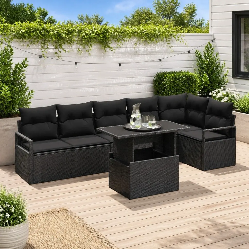 Black Poly Rattan 7-Piece Outdoor Sofa Set