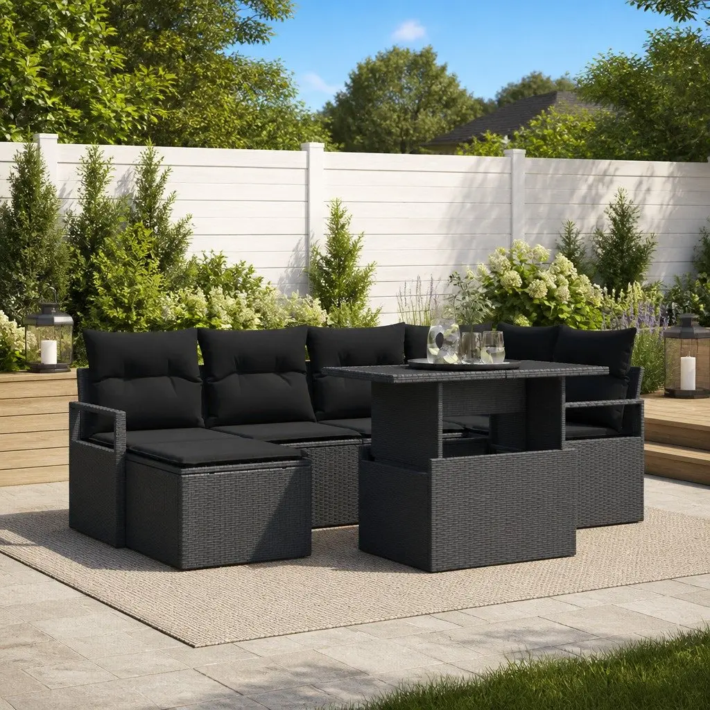 7-Piece Black Poly Rattan Modular Garden Sofa Set with Storage