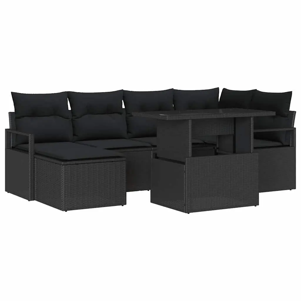 7-Piece Black Poly Rattan Modular Garden Sofa Set with Storage