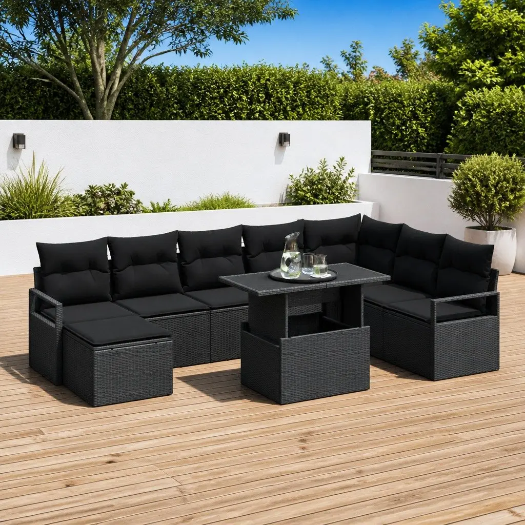 Garden Sofa Set Poly Rattan 9 Piece Black Modular Outdoor Furniture