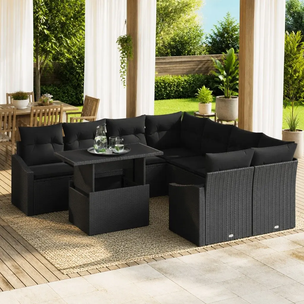 Modular Garden Sofa Set Poly Rattan 9 Piece Outdoor Furniture Black with Glass