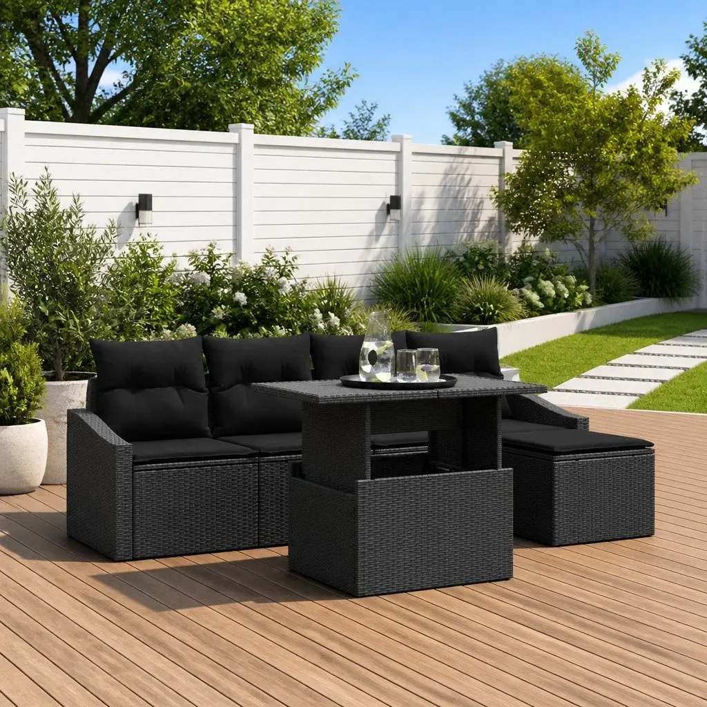 6-Piece Garden Sofa Set in Black Poly Rattan