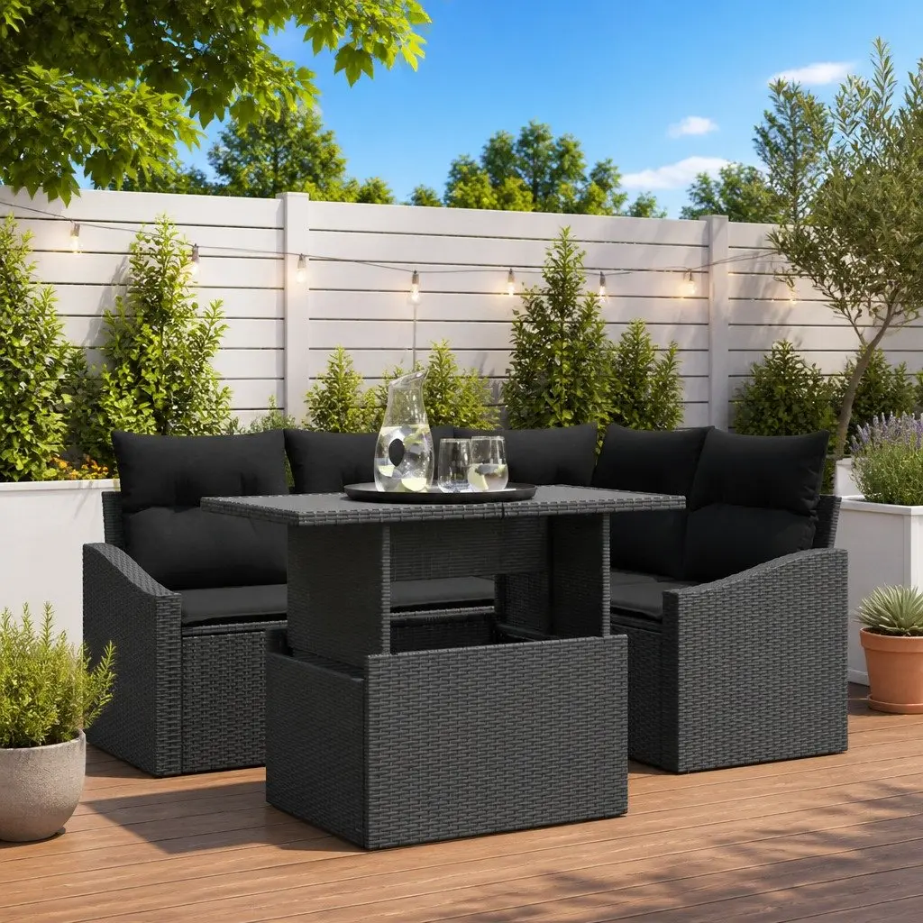 Black 5-Piece Modular Garden Sofa Set with Table