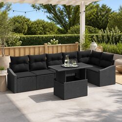 7-Piece Black Poly Rattan Outdoor Sofa Set with Steel Frame