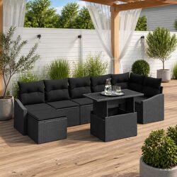 8-Piece Black Poly Rattan Outdoor Sofa Set with Steel Frame