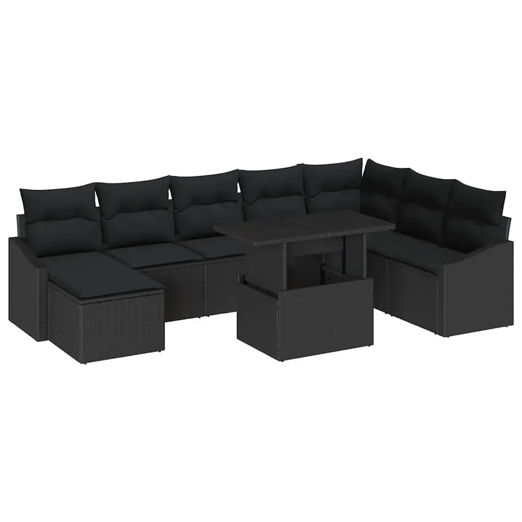 9 Piece Outdoor Garden Sofa Set Black Poly Rattan Modular Patio Seating with