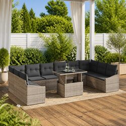 Garden Sofa Set 11 Pieces Grey Modular Outdoor Seating with Cushions Glass Table
