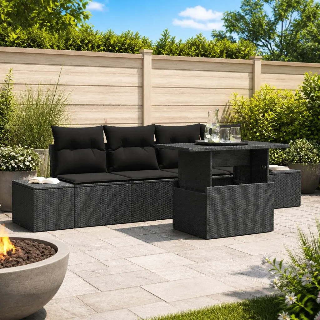 5-Piece Black Poly Rattan Modular Garden Sofa Set