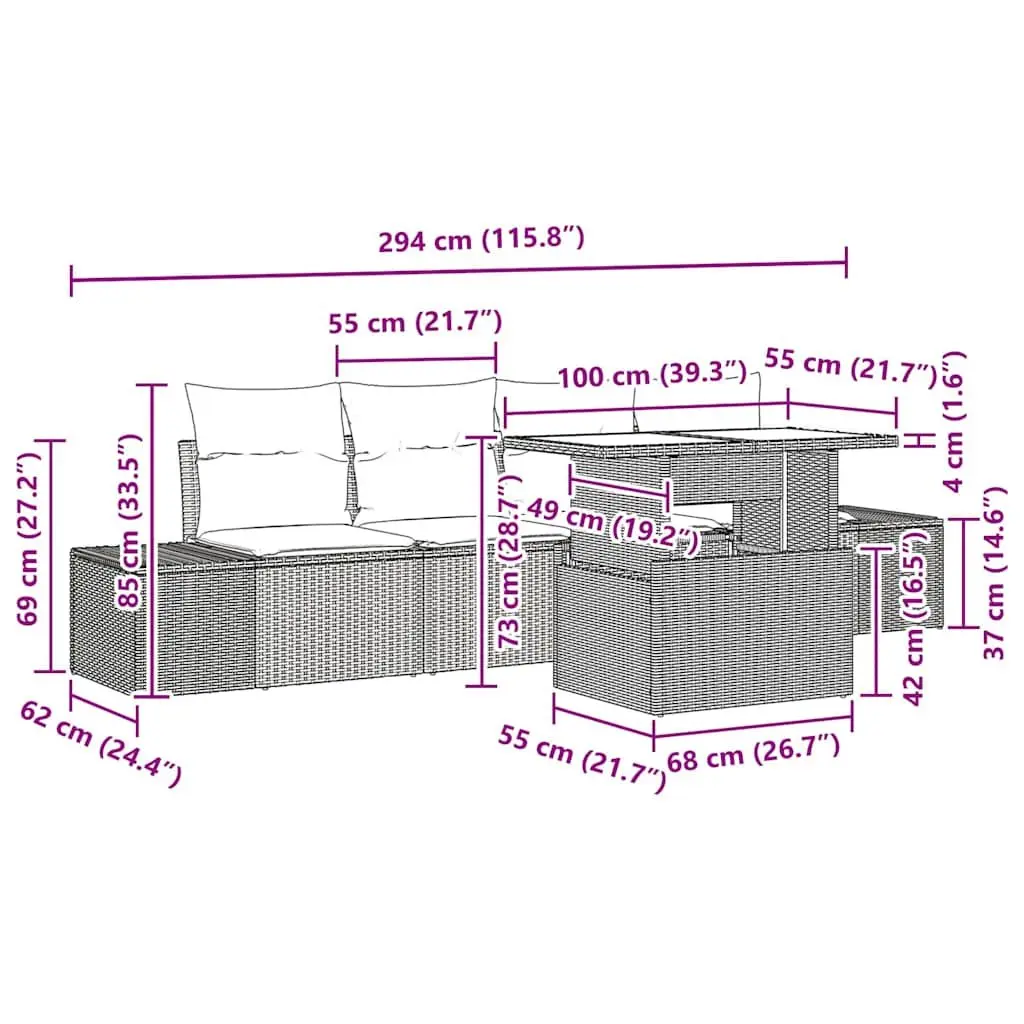 5-Piece Black Poly Rattan Modular Garden Sofa Set