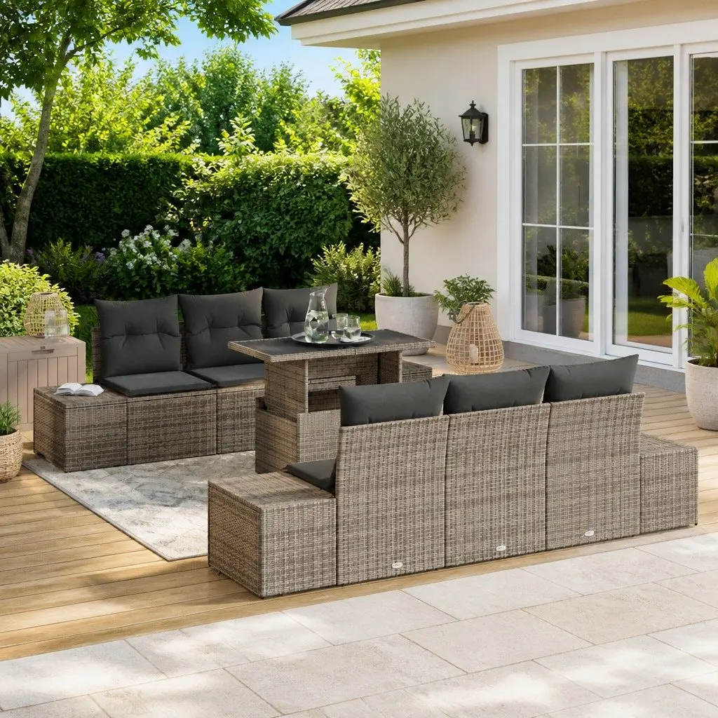Garden Sofa Set Poly Rattan Powder-coated Steel 7 Piece Grey Outdoor Seating Modular Patio Furniture