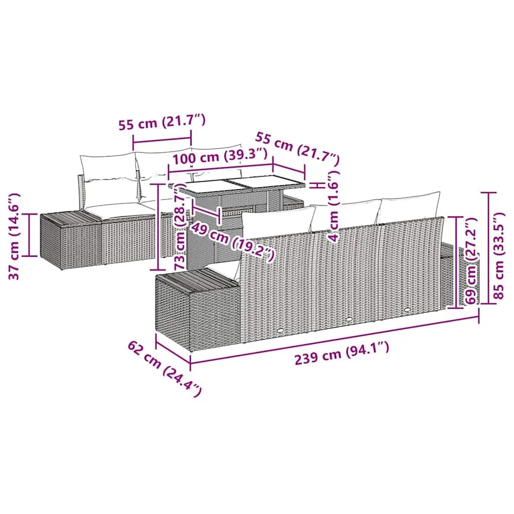Garden Sofa Set Poly Rattan Powder-coated Steel 7 Piece Grey Outdoor Seating Modular Patio Furniture