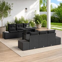 7-Piece Black Poly Rattan Outdoor Garden Sofa Set