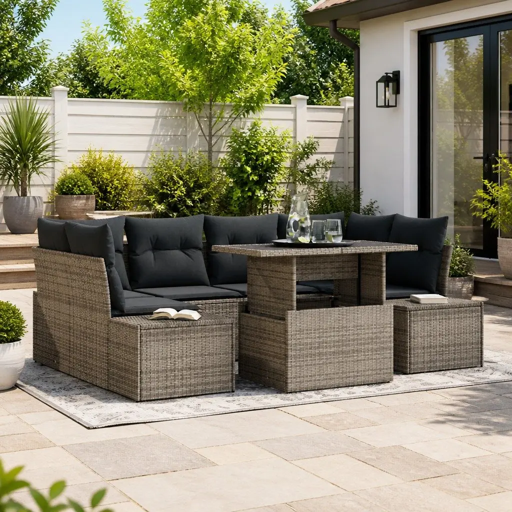 7 Piece Garden Sofa Set Poly Rattan Grey Adjustable Dining Table