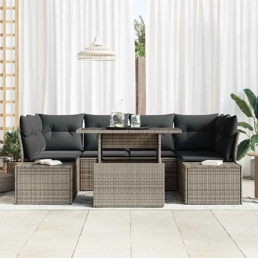 7 Piece Garden Sofa Set Poly Rattan Grey Adjustable Dining Table