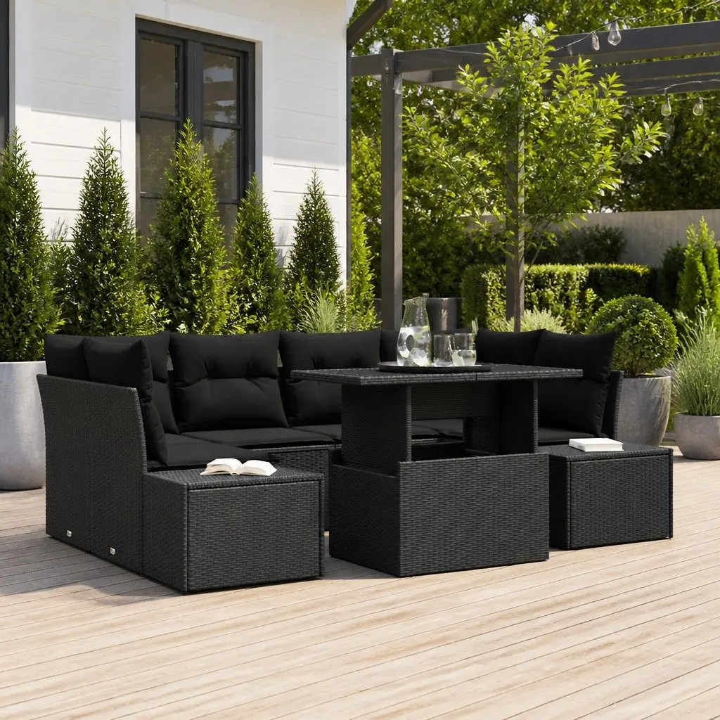 Black Poly Rattan 7 Piece Outdoor Sofa Set with Adjustable Table