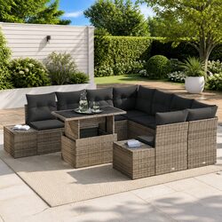Garden Sofa Set 9 Pcs Modular Outdoor Seating Grey Poly Rattan with Cushions