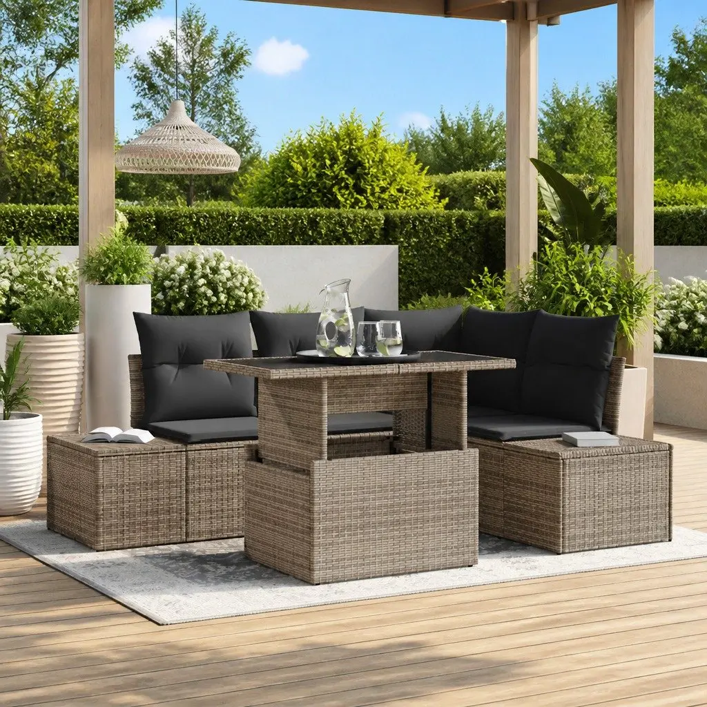 5-Piece Grey Poly Rattan Garden Sofa Set with Table