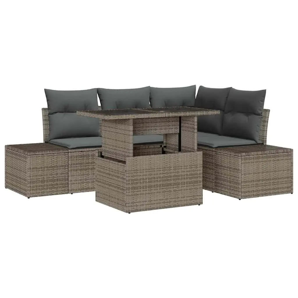 5-Piece Grey Poly Rattan Garden Sofa Set with Table