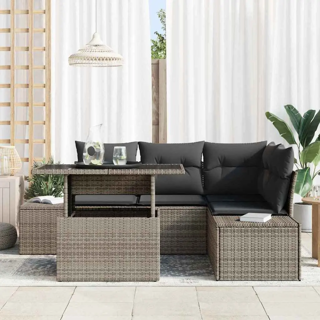 5-Piece Grey Poly Rattan Garden Sofa Set with Table