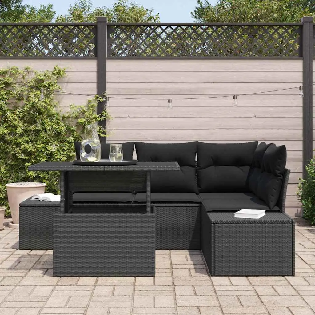 5-Piece Black Garden Sofa Set with Cushions