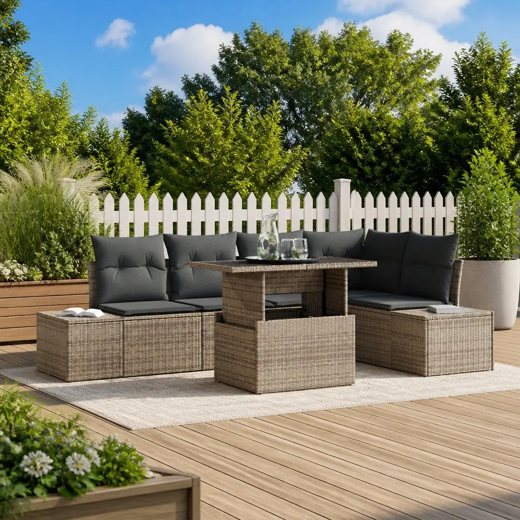 6-Piece Grey Poly Rattan Garden Sofa Set with Storage