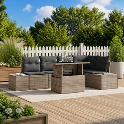 6-Piece Grey Poly Rattan Garden Sofa Set with Storage