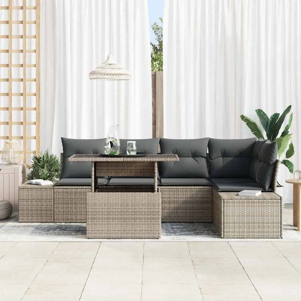 6-Piece Grey Poly Rattan Garden Sofa Set with Storage