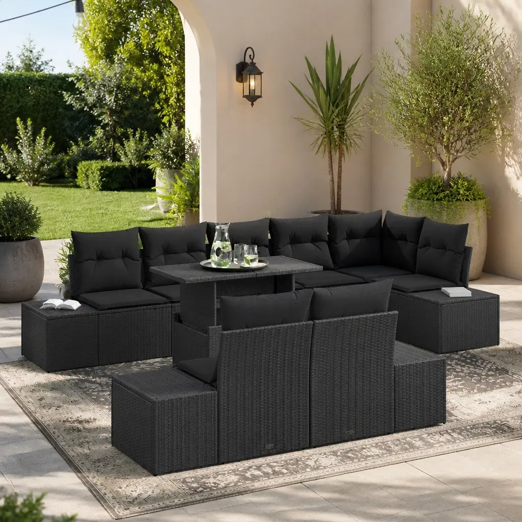 9-Piece Black Poly Outdoor Garden Sofa Set with Adjustable Table