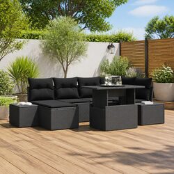 7-Piece Black Poly Rattan Outdoor Sofa Set