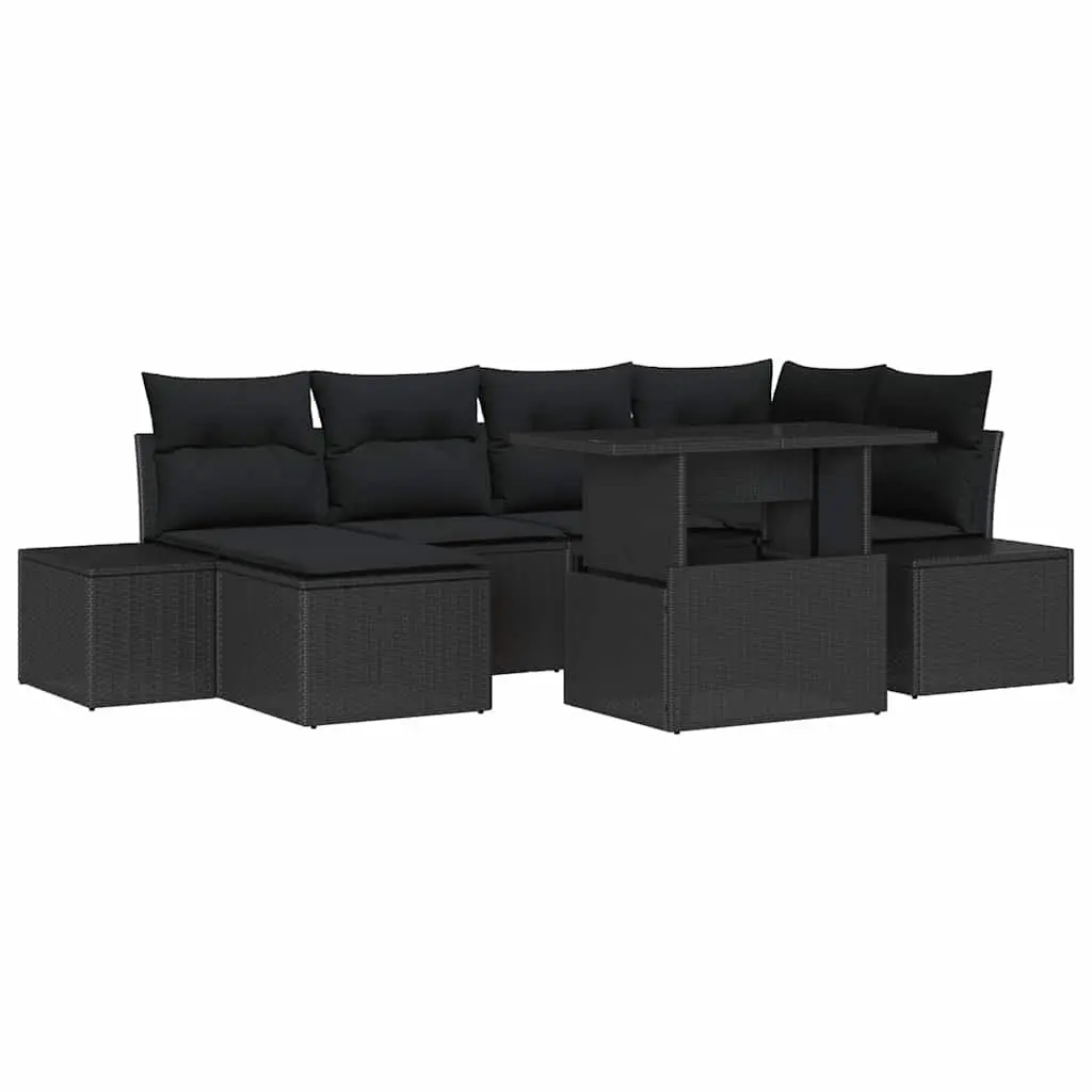 7-Piece Black Poly Rattan Outdoor Sofa Set