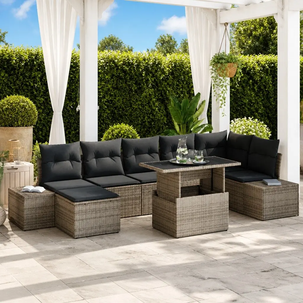 Garden Sofa Set Poly Rattan 8 Piece Grey Outdoor Furniture with Storage Table