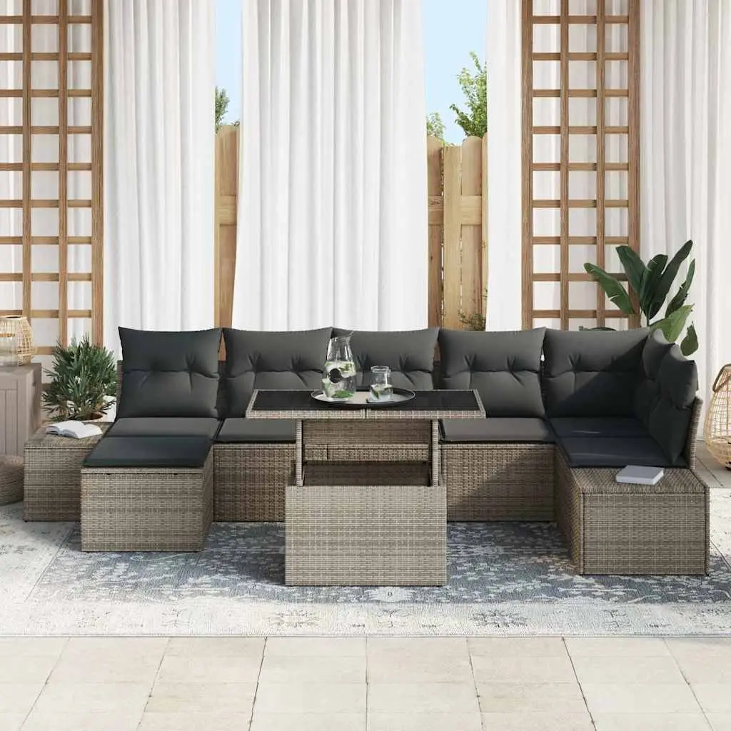 Garden Sofa Set Poly Rattan 8 Piece Grey Outdoor Furniture with Storage Table