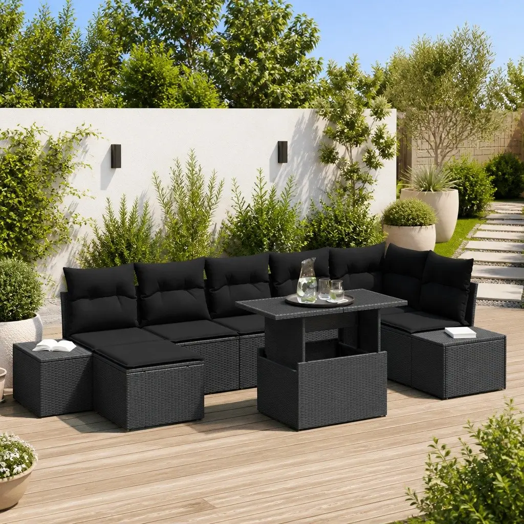 Garden Sofa Set Poly Rattan 8 Pieces Black Outdoor Furniture Sectional
