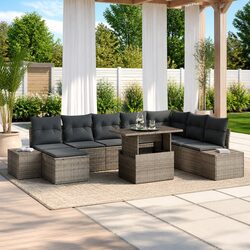 Durable 9-Piece Grey Poly Rattan Garden Sofa Set