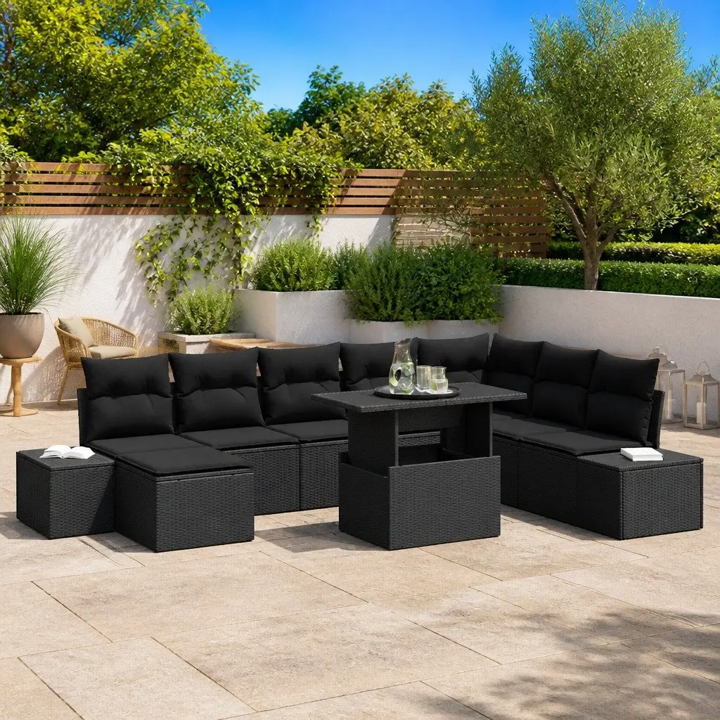 Garden Sofa Set Poly Rattan 9 Piece Outdoor Furniture Black with Storage Table